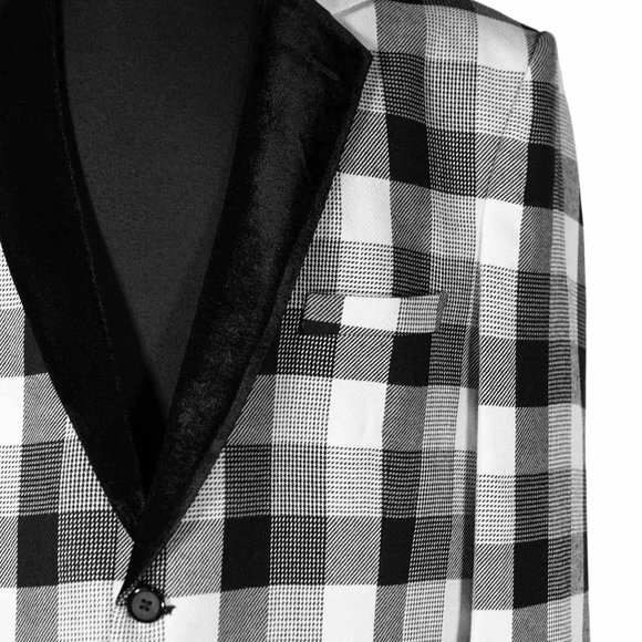 Mens Blazer Black White Plaid Wool Velvet Tuxedo Suit Jacket Sport Coat 46R - Picture 4 of 7